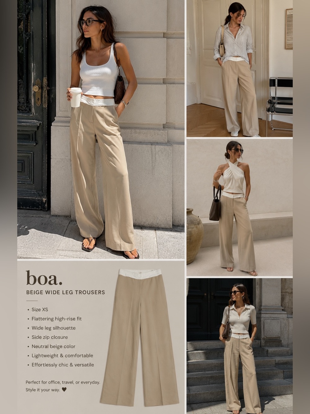 BOA Beige Wide Leg Trousers XS Neutral High Rise Quiet Luxury Pants